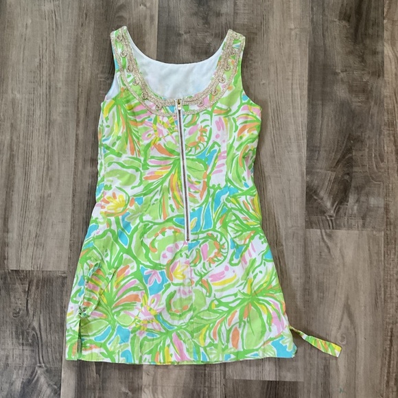 Girls Lilly Pulitzer Green Floral Leaf Printed Gold Trim Cotton Shift Dress 8 - Picture 4 of 4